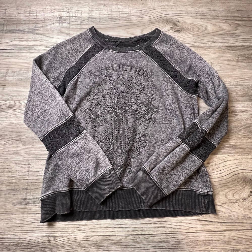 Affliction Sweatshirt Women Sm Gray Rhinestone Cross Y2K Grunge Raglan Pullover